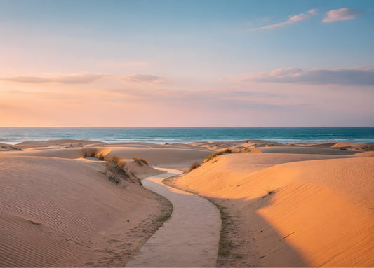 Tableau photo de dunes de sable et chemin menant vers la mer
