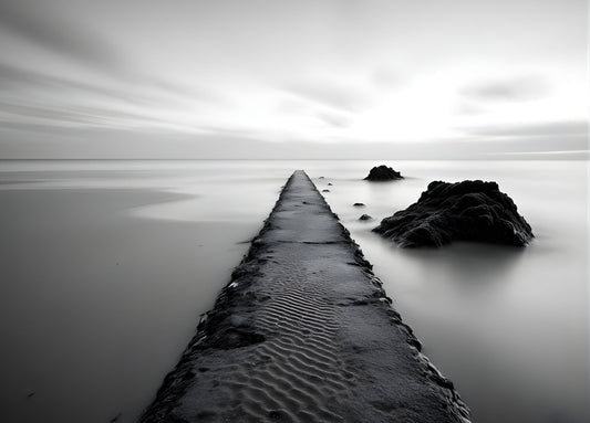 Photo artistique Chemin vers l'Horizon : ponton en bois menant vers la mer en noir et blanc, création exclusive Iconik-Art.
