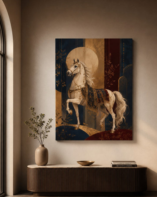 Tableau cheval blanc installé dans un salon contemporain haut de gamme
