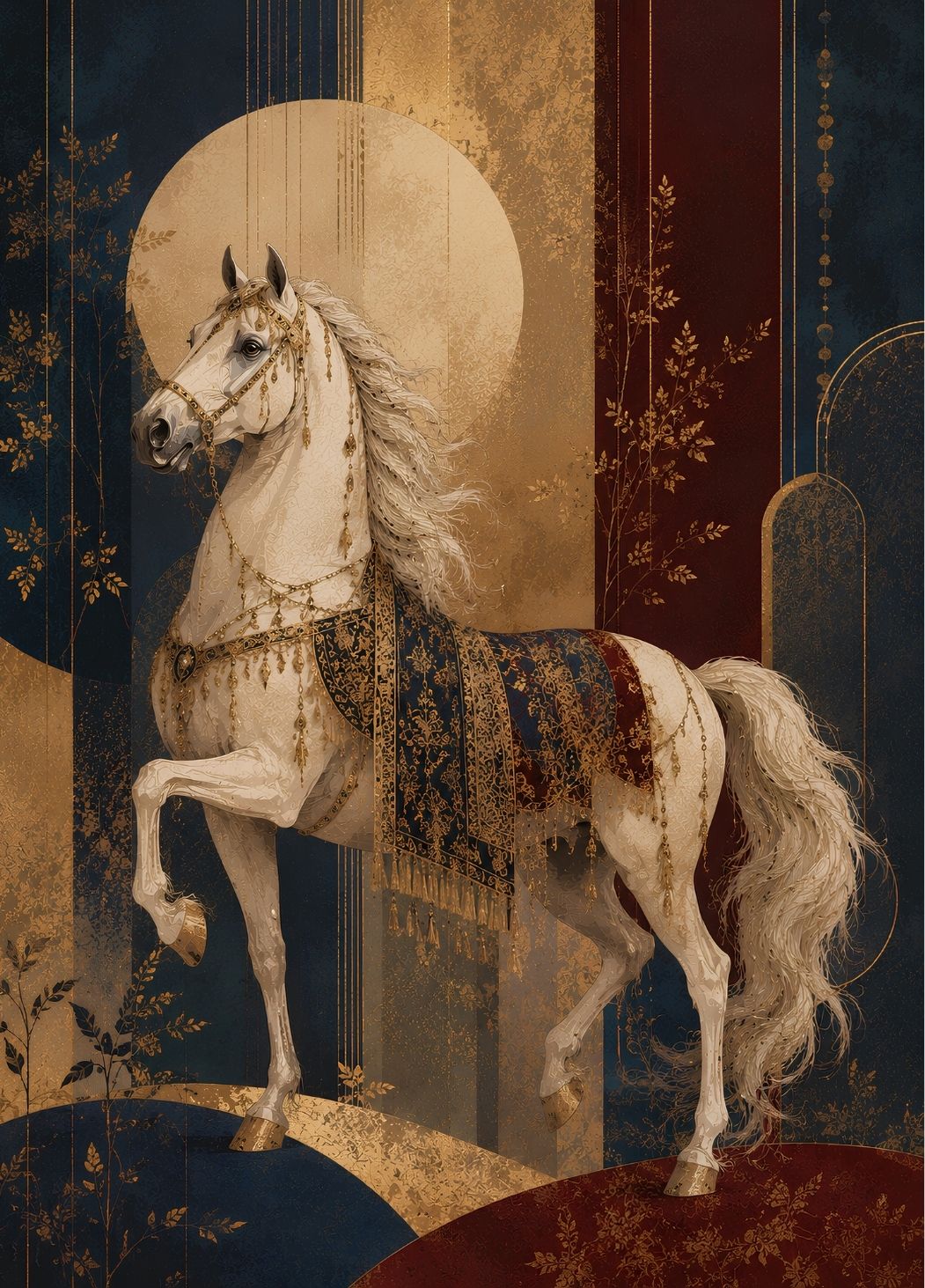 Portrait d'un cheval blanc majestueux dans un décor Art déco aux détails dorés
