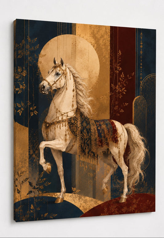 Détail des ornements raffinés et de la crinière du cheval blanc
