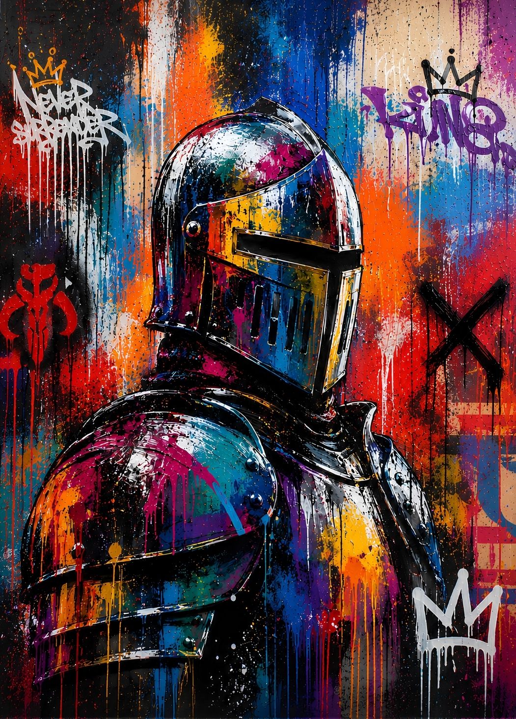 Tableau chevalier médiéval pop art avec armure colorée et graffitis, création exclusive Iconik-Art
