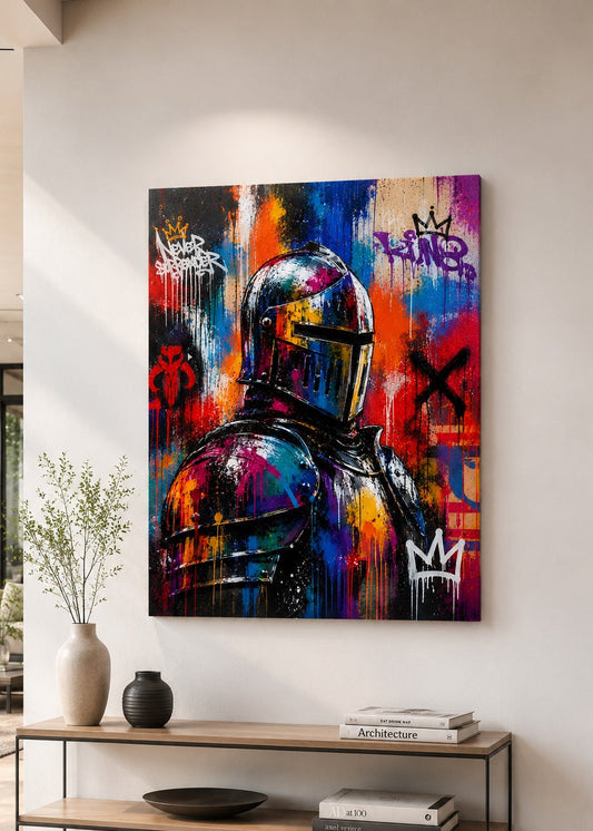 Tableau chevalier pop art dans un salon contemporain, création exclusive fabriquée en France par Iconik-Art
