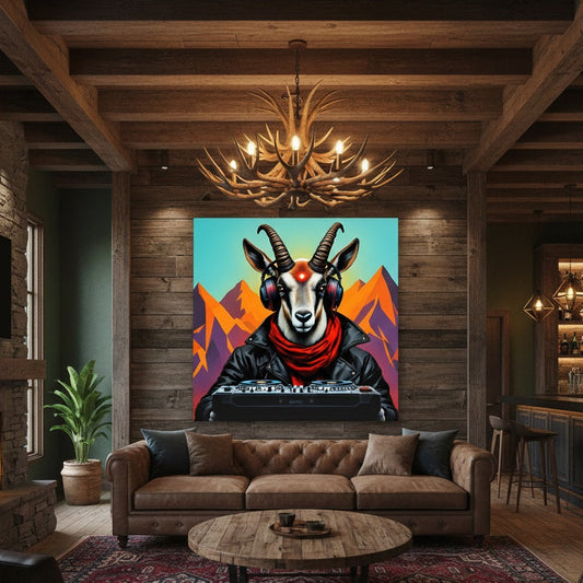 Tableau animal DJ avec décor montagne graphique
