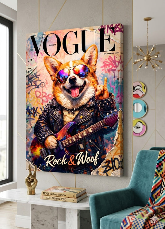 Tableau mural chien rockstar intégré dans salon moderne décoration murale pop art dynamique
