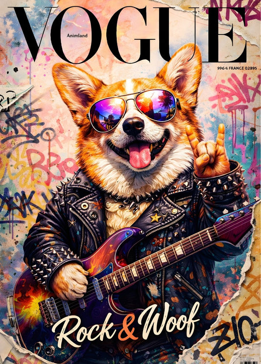 Tableau moderne chien guitariste pop art veste cuir guitare électrique ambiance rock création exclusive Iconik-Art
