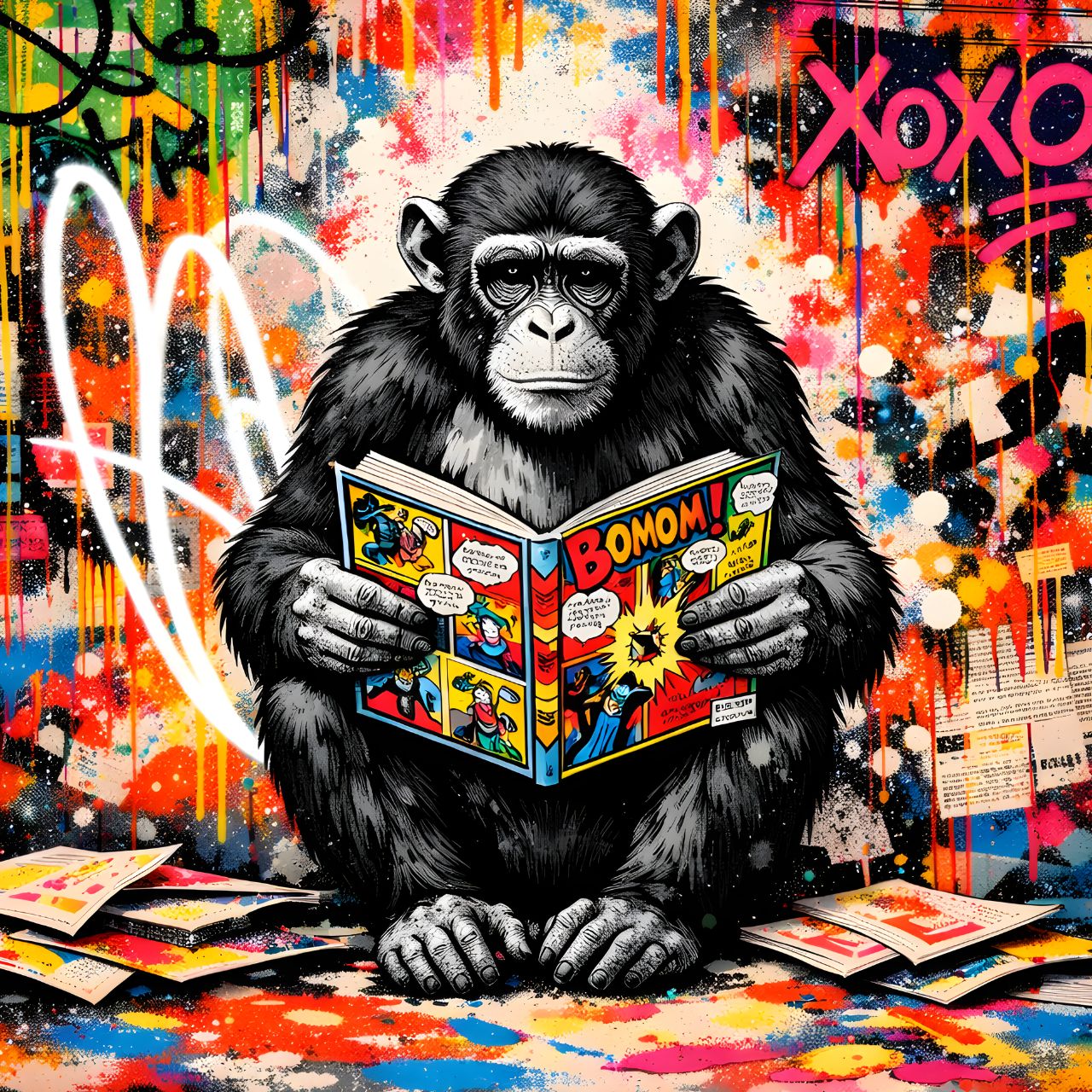 pop art chimpanzé noir et blanc lecture bande dessinée colorée graffiti mural urbain
