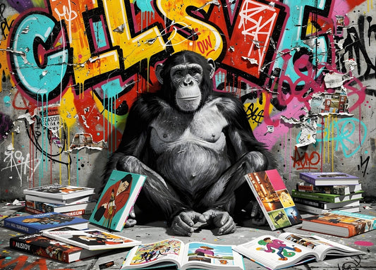 Tableau moderne chimpanzé graffiti pop art mur urbain coloré
