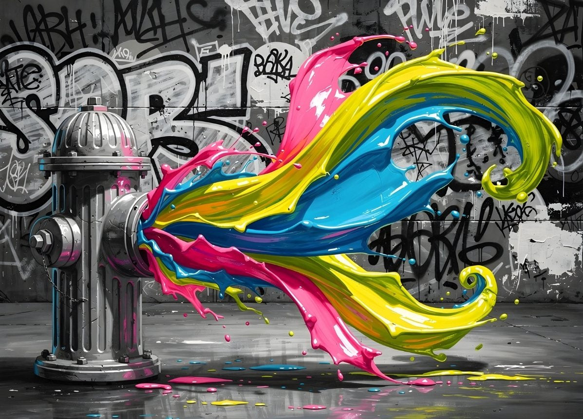 art mural street art borne incendie projection peinture liquide neon rose cyan jaune vert mur graffiti urbain
