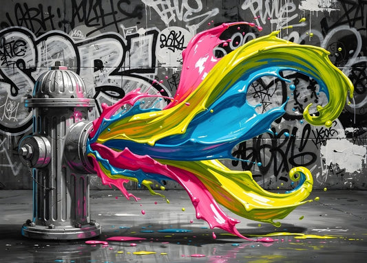art mural street art borne incendie projection peinture liquide neon rose cyan jaune vert mur graffiti urbain
