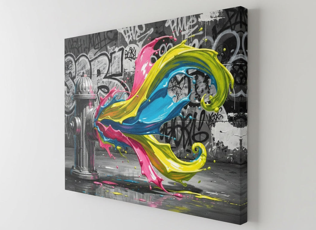 décoration murale graffiti abstrait explosion chromatique fluide art contemporain loft industriel
