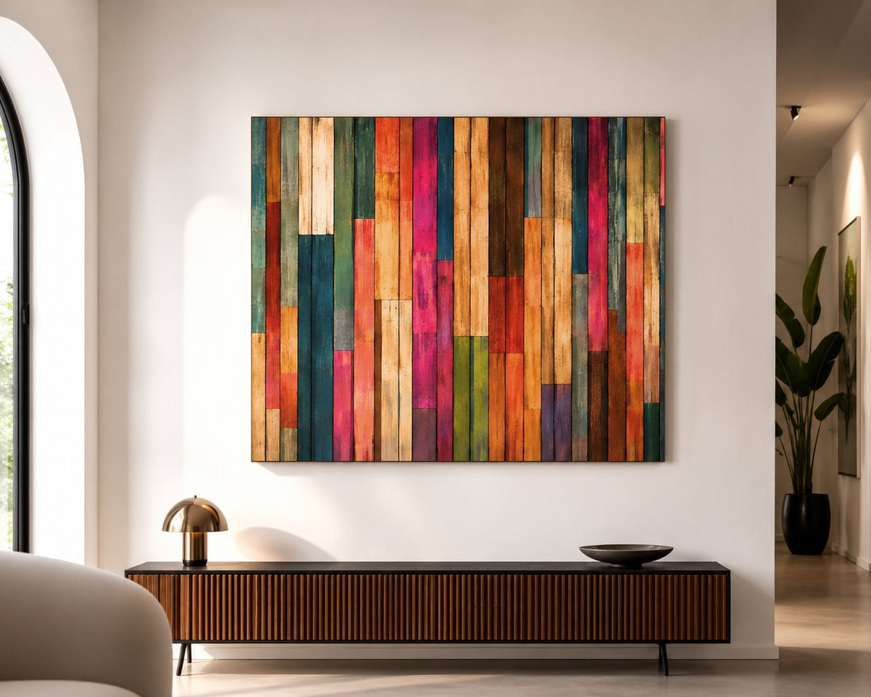 Tableau Chromatic Wood installé dans un salon contemporain aux matières naturelles
