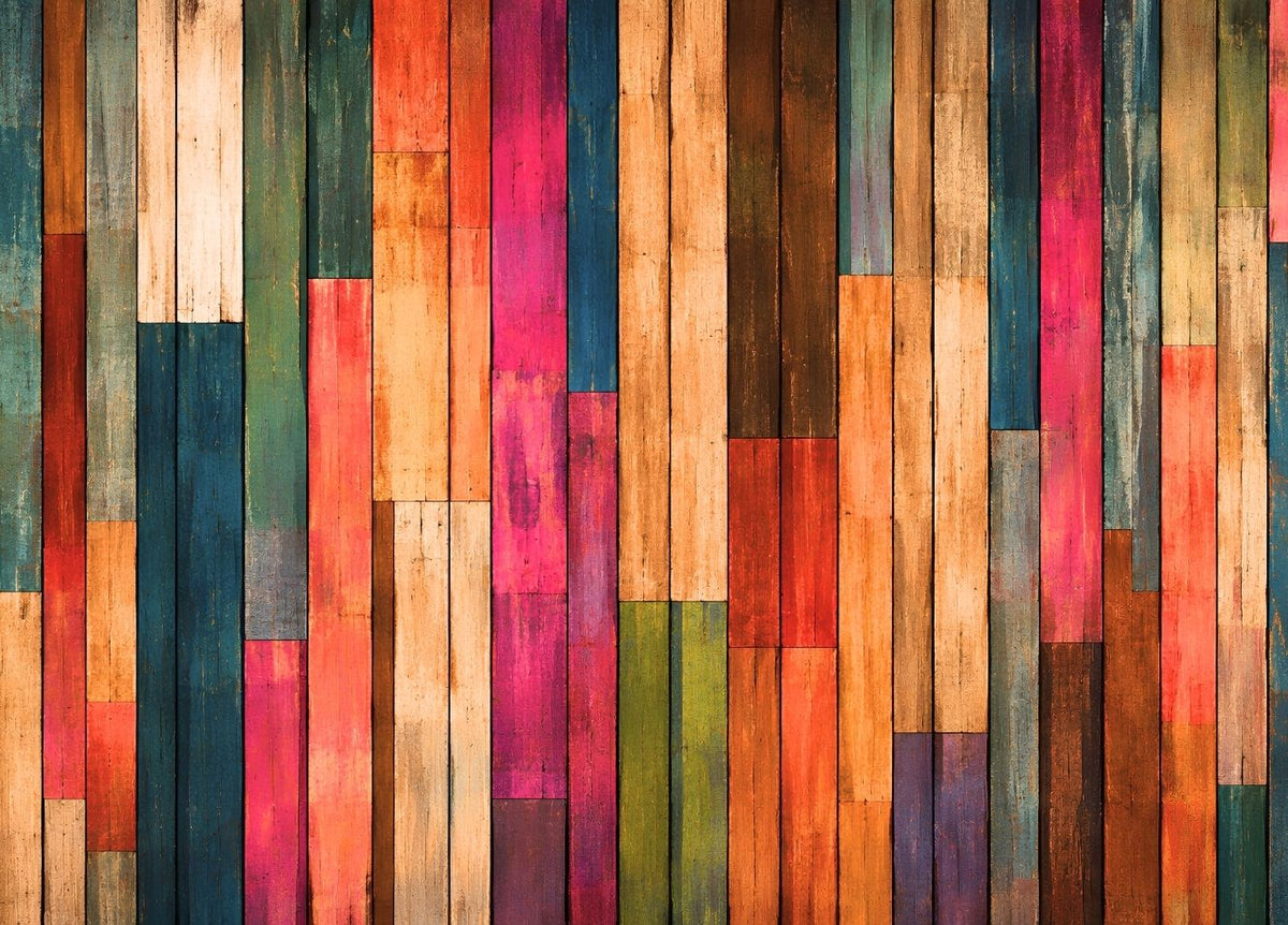 Tableau abstrait horizontal composé de lames verticales colorées à l’aspect bois patiné
