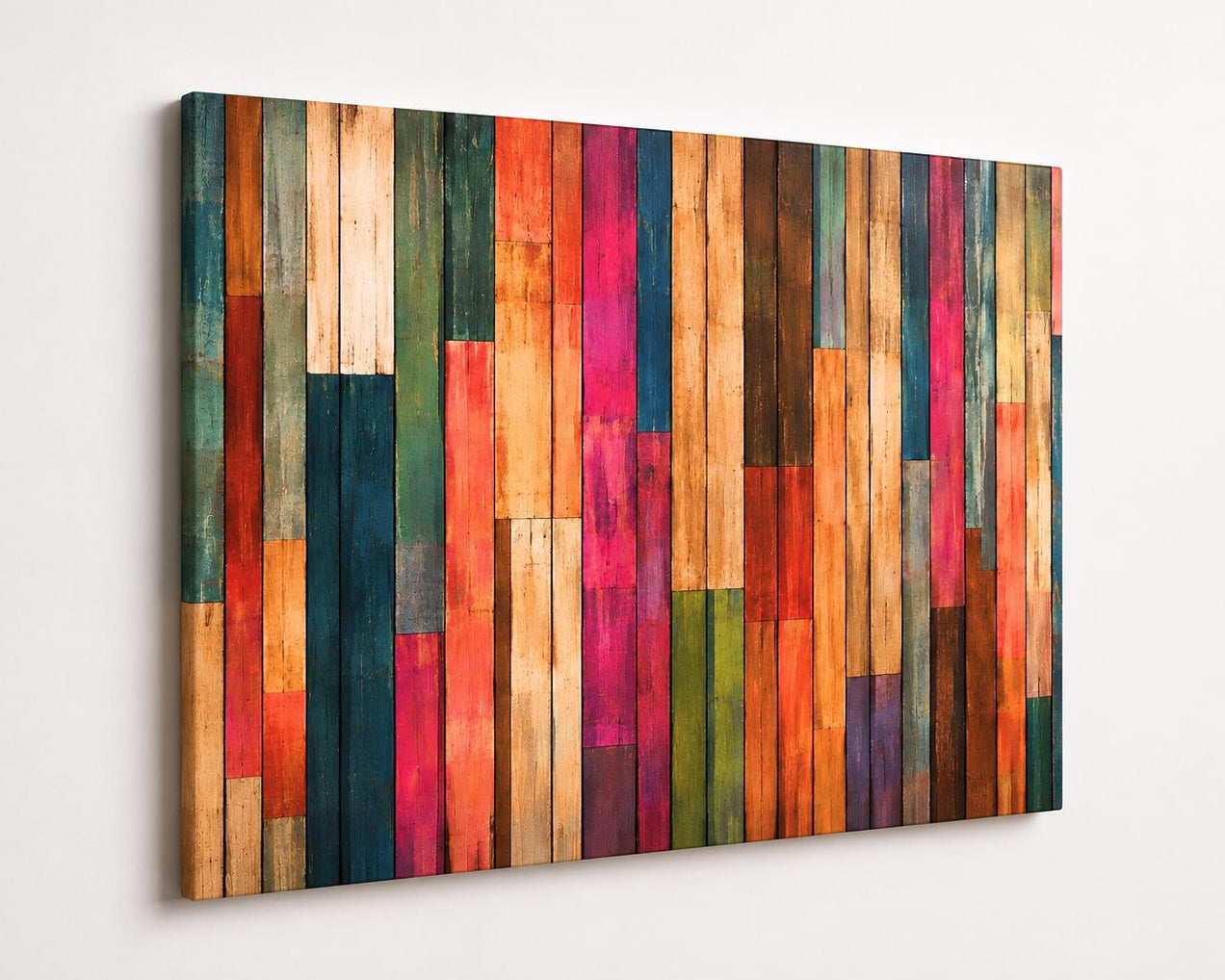 Tableau Chromatic Wood sur toile, composition géométrique colorée présentée légèrement de profil
