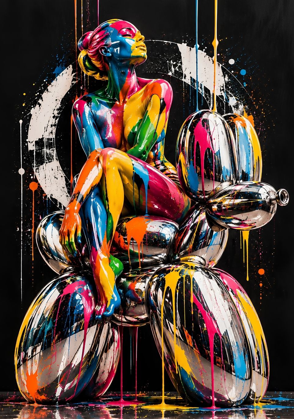 Tableau pop art femme assise sur une sculpture ballon chromée
