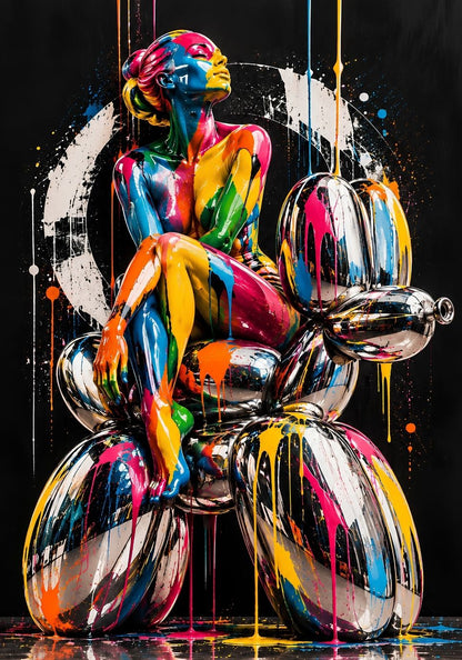 Tableau pop art femme assise sur une sculpture ballon chromée
