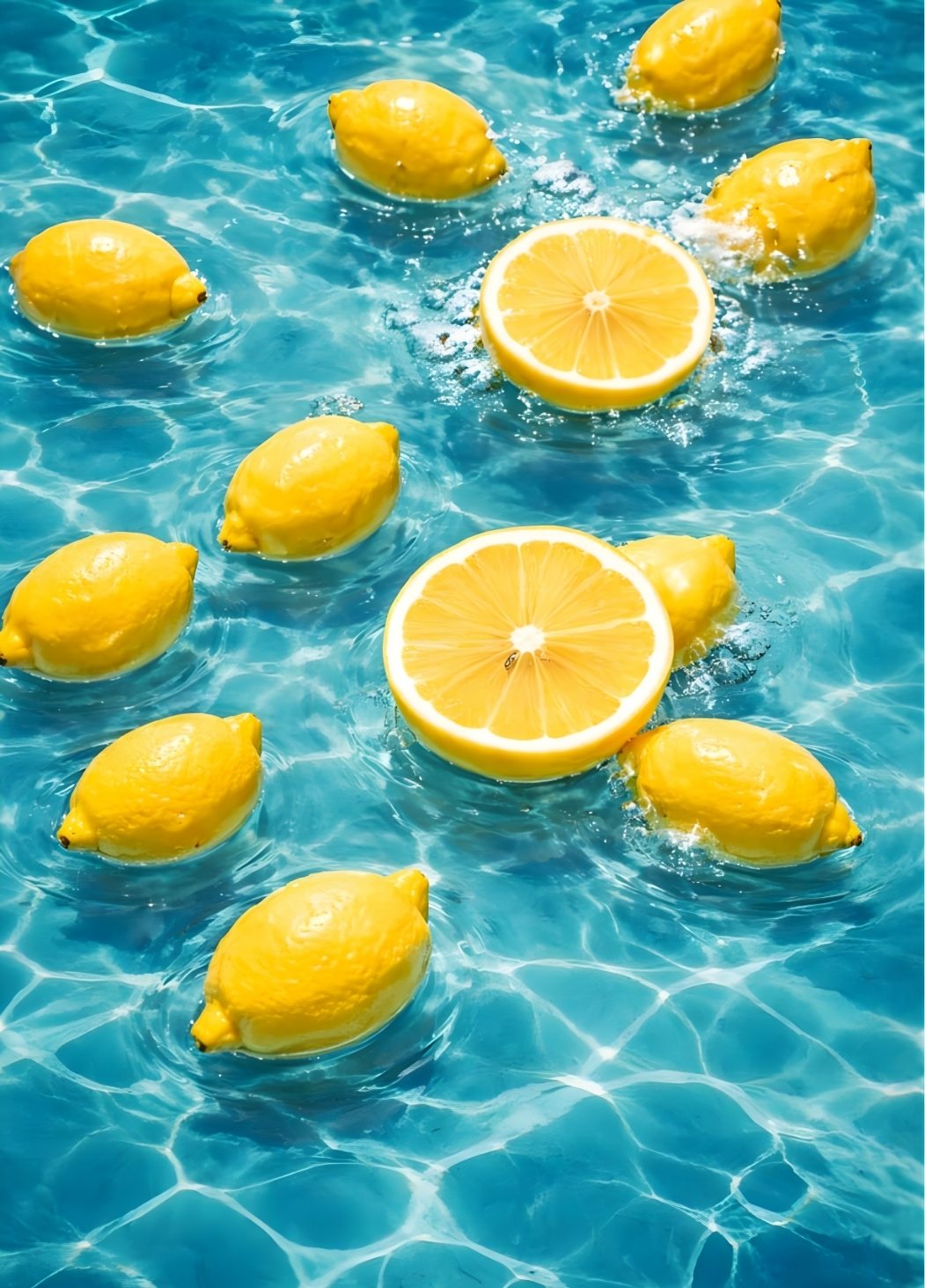 Citrons jaunes flottant sur eau turquoise, tableau moderne estival pour cuisine lumineuse et intérieur bord de mer
