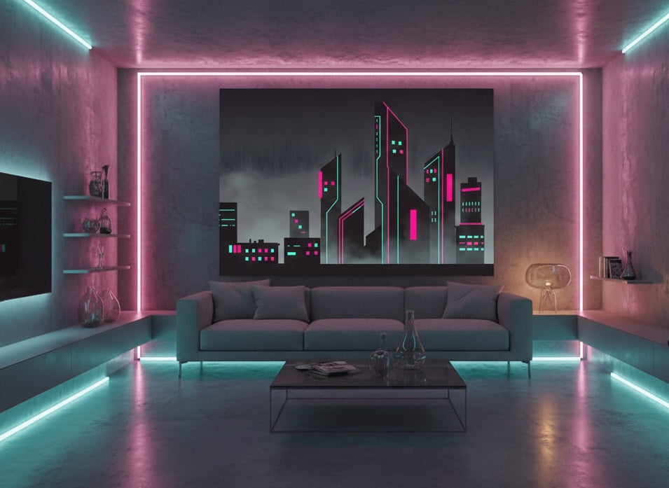 Tableau mural architecture graphique néon pour intérieur industriel chic
