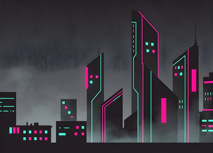 Tableau moderne skyline néon minimal rose et turquoise ambiance cyber
