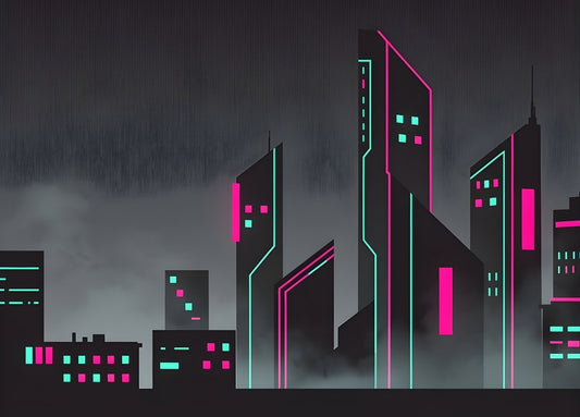 Tableau moderne skyline néon minimal rose et turquoise ambiance cyber
