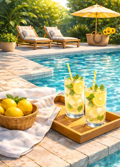 Tableau cocktail citron menthe bord de piscine décoration murale été
