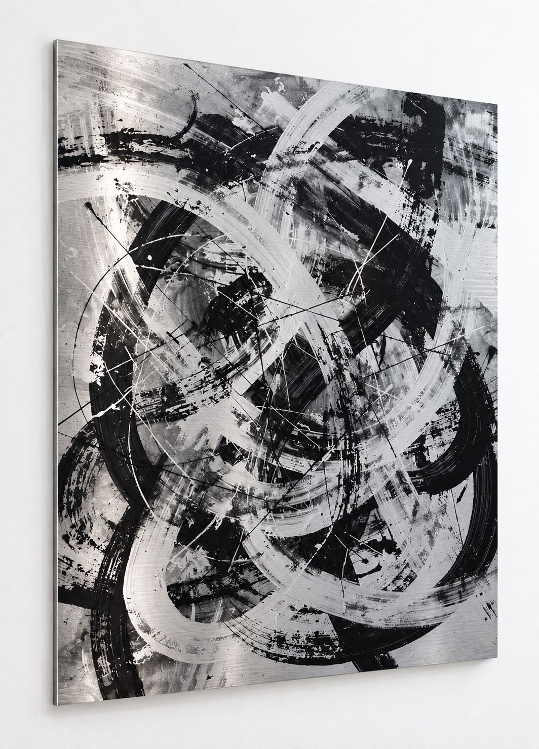 Tableau Collision imprimé sur aluminium avec composition abstraite noire, blanche et grise
