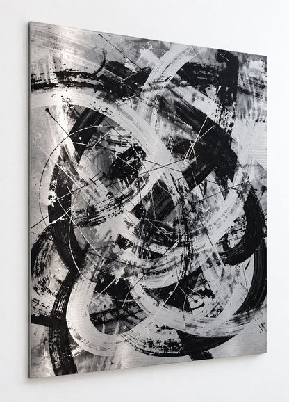 Tableau Collision imprimé sur aluminium avec composition abstraite noire, blanche et grise
