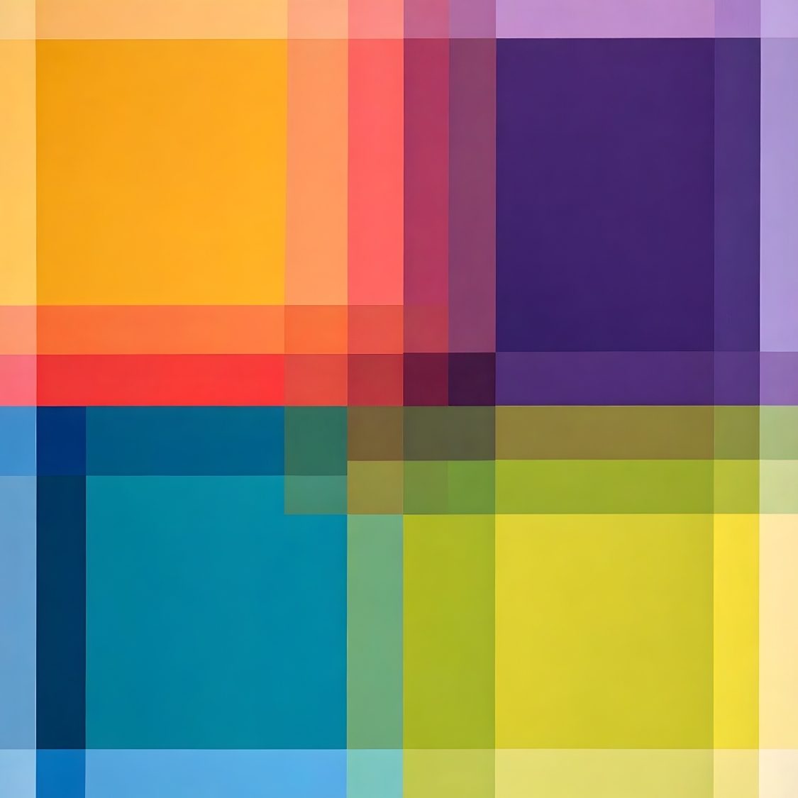 Oeuvre abstraite color block avec aplats jaunes, bleus et violets en composition géométrique contemporaine
