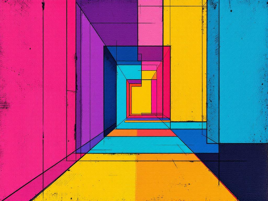 Tableau geometrique colore en perspective vue de face
