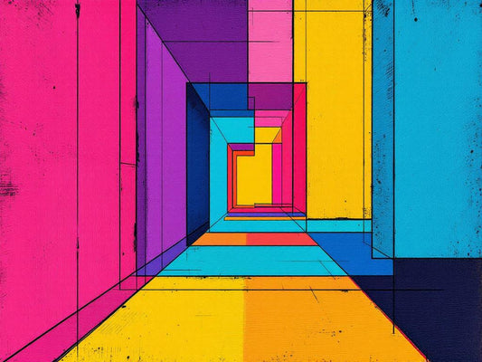 Tableau geometrique colore en perspective vue de face
