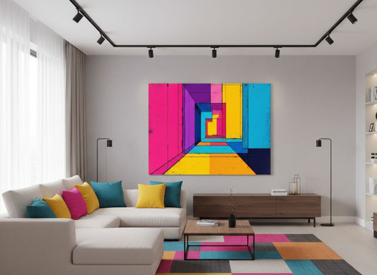 Tableau geometrique colore en situation dans un interieur moderne
