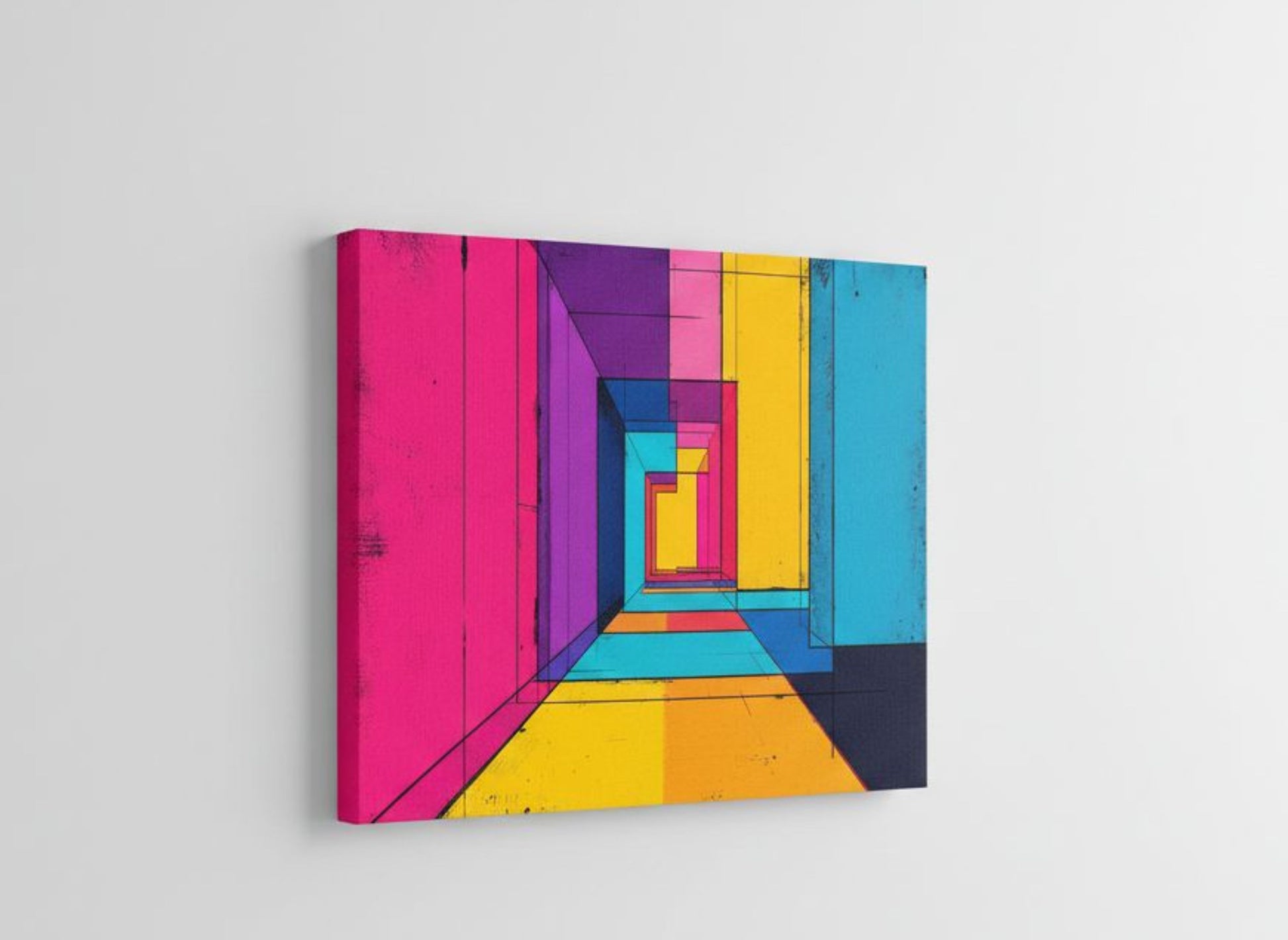 Toile tableau geometrique vue de profil sur chassis entoile
