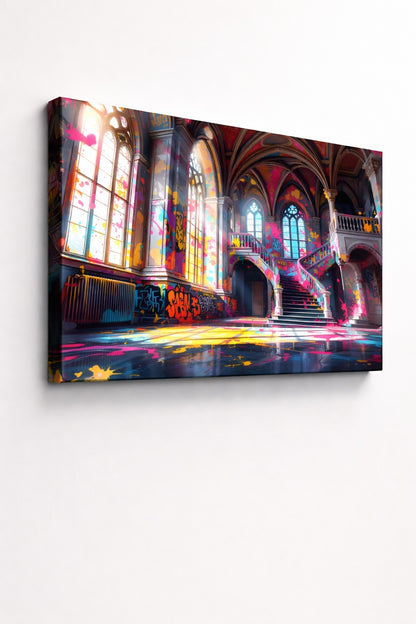 Escalier monumental et projections de peinture, ambiance urbaine contemporaine
