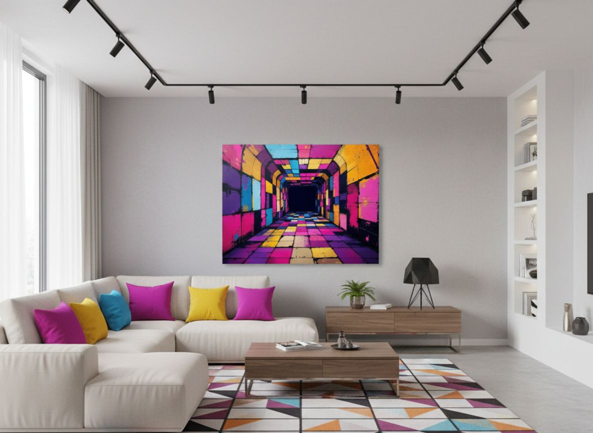 Tableau abstrait moderne en situation dans un interieur contemporain

