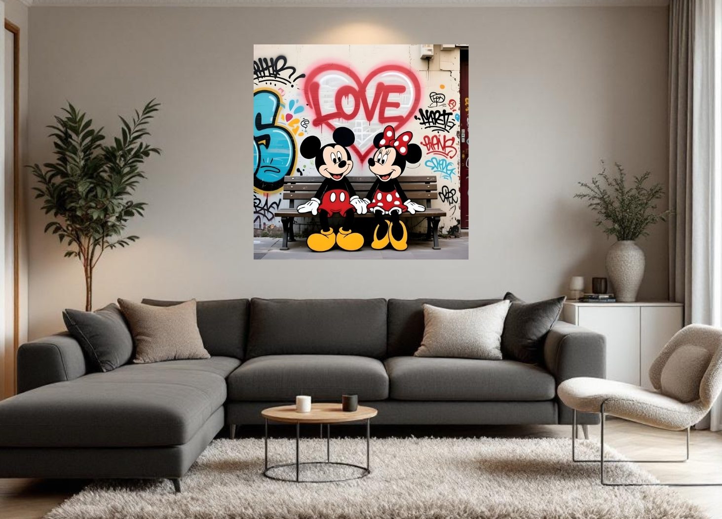 Tableau pop art Mickey et Minnie en décoration murale intérieure
