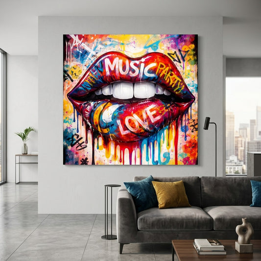 Lèvres pop art colorées accrochées dans loft moderne décoration murale artistique
