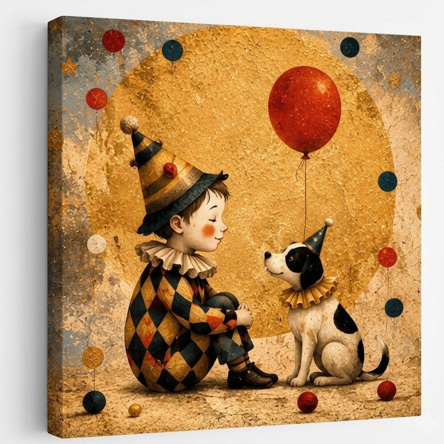 Gros plan sur le jeune artiste du cirque et son fidèle chien dans une scène circus chic aux teintes dorées idéale pour une décoration de chambre d'enfant.
