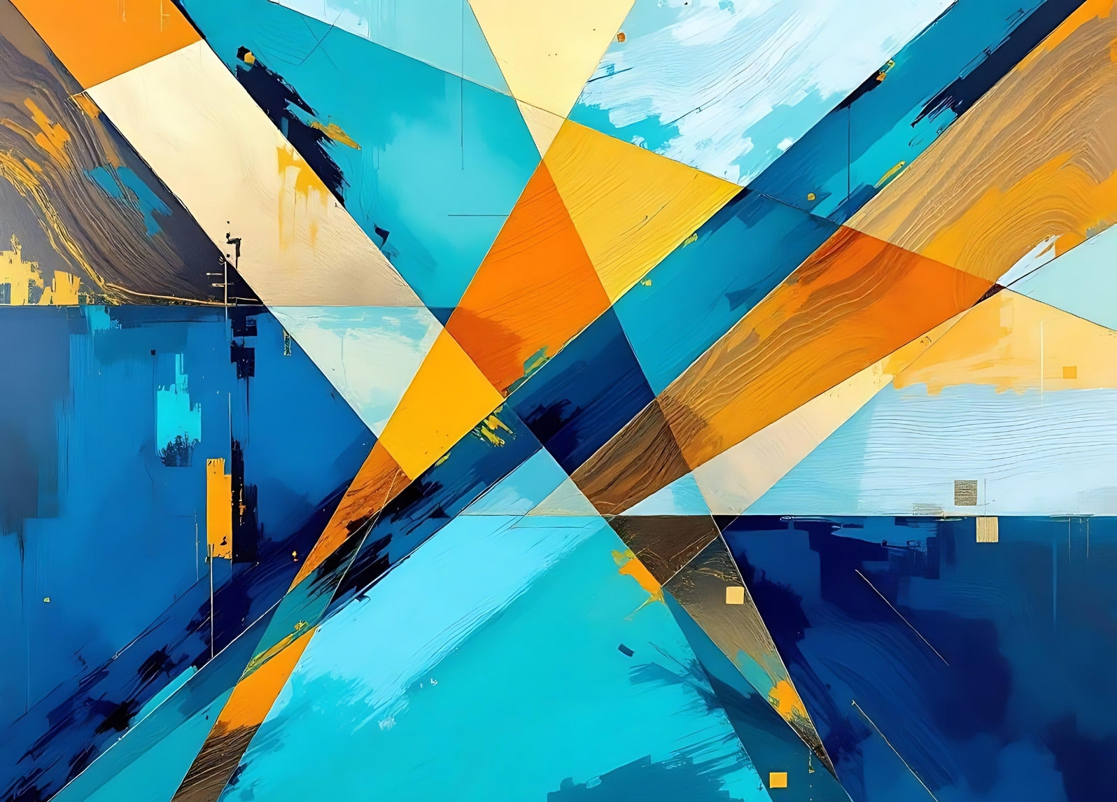 Tableau abstrait géométrique moderne aux formes croisées et couleurs bleues et jaunes
