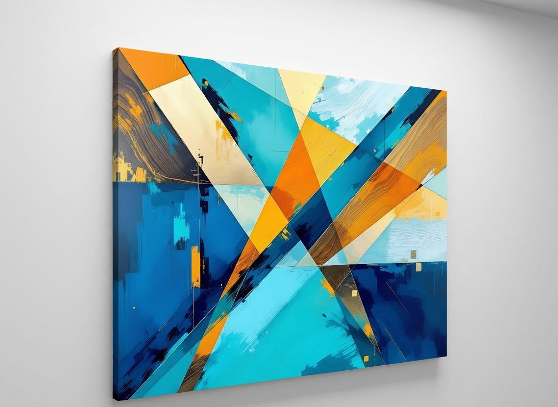 Détail du tableau abstrait géométrique avec textures et lignes dynamiques
