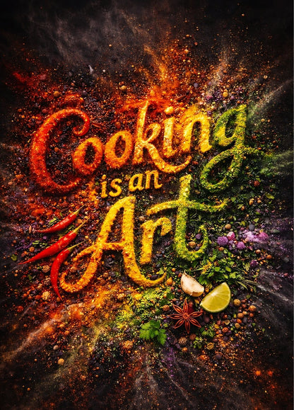 Cuisine moderne avec tableau artistique explosion d’épices colorées et inscription cooking is an art ambiance design et chaleureuse
