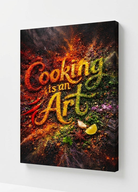 Tableau cuisine design avec typographie artistique et composition d’épices colorées effet visuel moderne et intense
