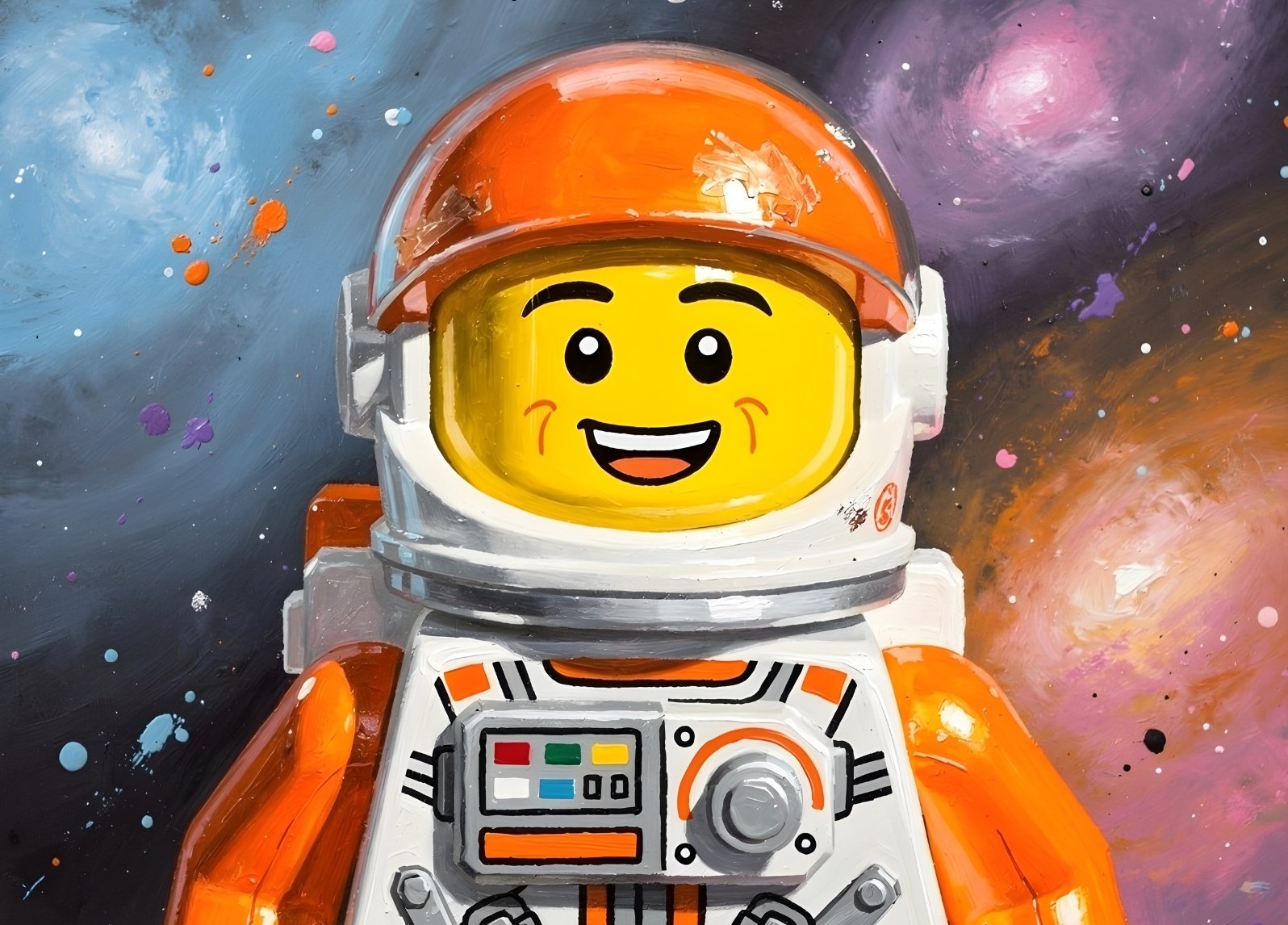 tableau moderne LEGO astronaute fond galaxie colorée style pop art contemporain
