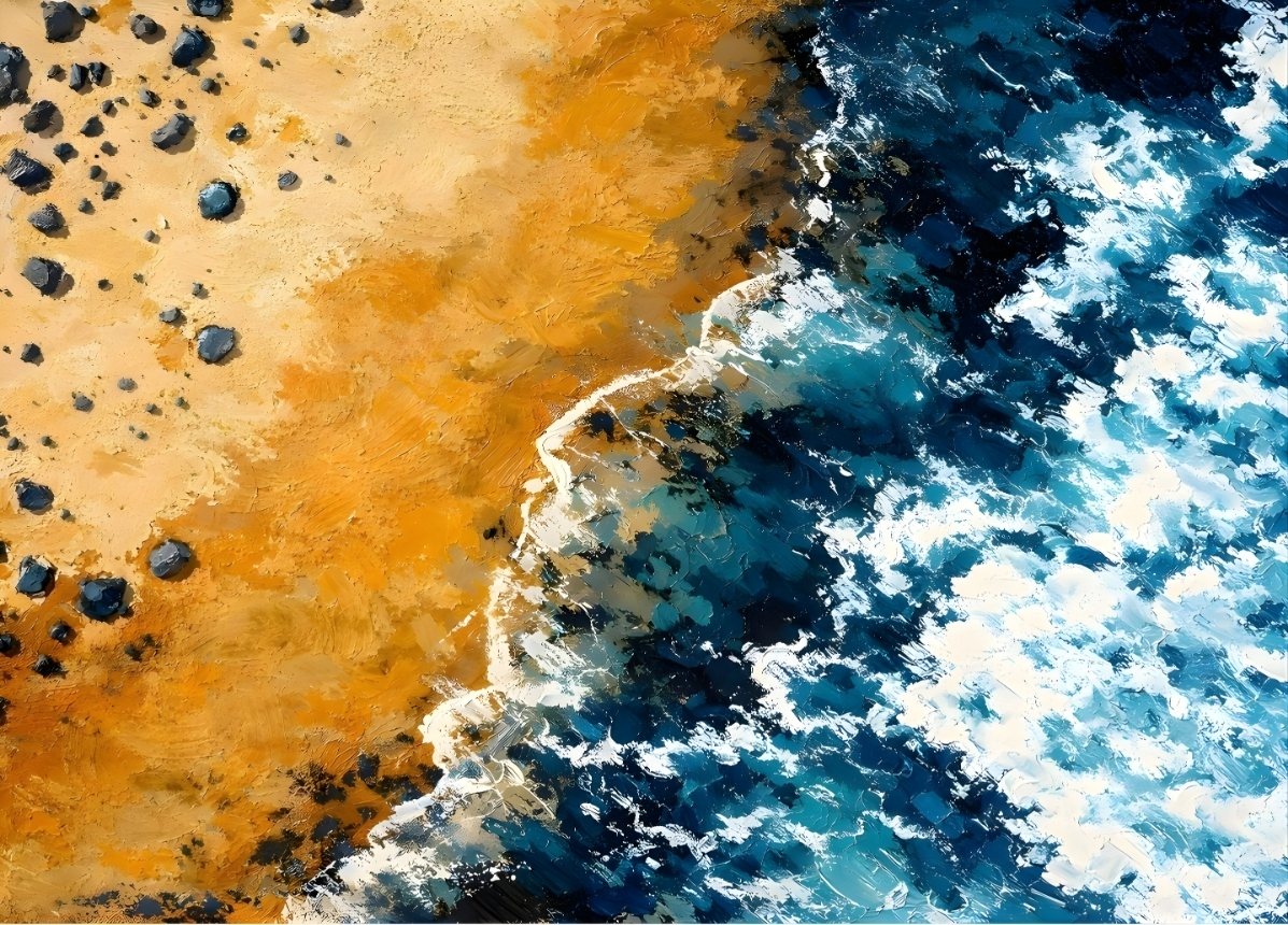 Vue aérienne côte sable doré océan bleu vagues rochers paysage abstrait moderne
