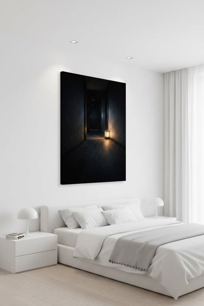 Tableau couloir nuit accroché dans salon moderne ambiance intime lumière douce contemplative
