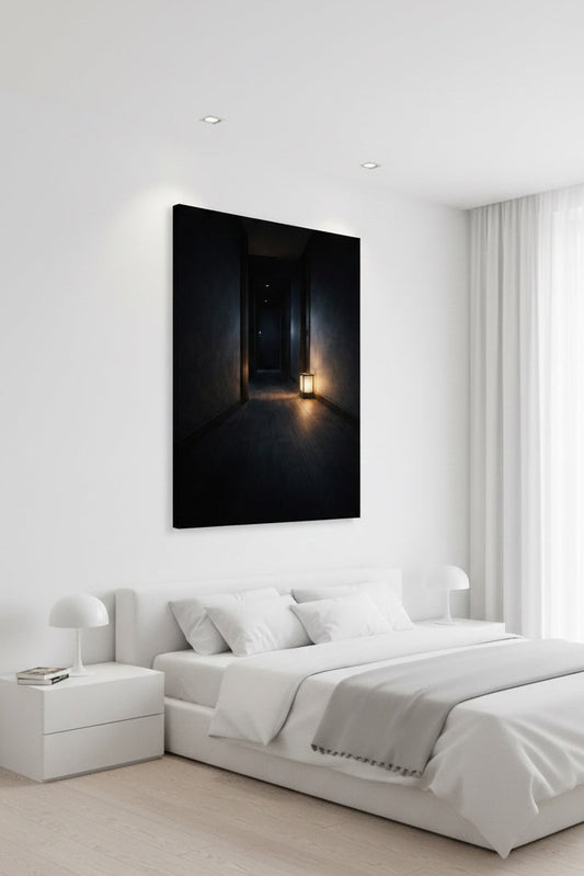 Tableau couloir nuit accroché dans salon moderne ambiance intime lumière douce contemplative
