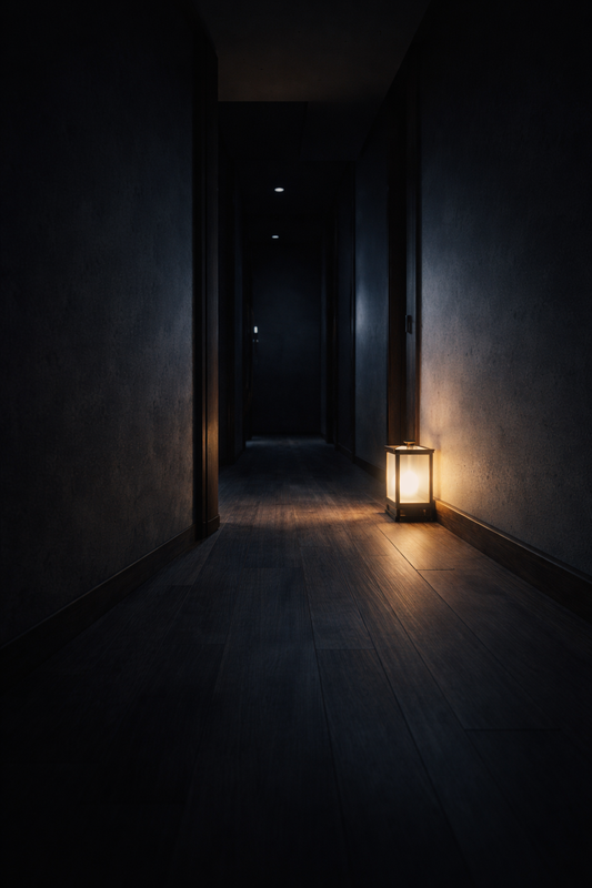 Tableau couloir sombre lanterne lumineuse ambiance minimaliste nocturne décoration murale contemporaine contemplative
