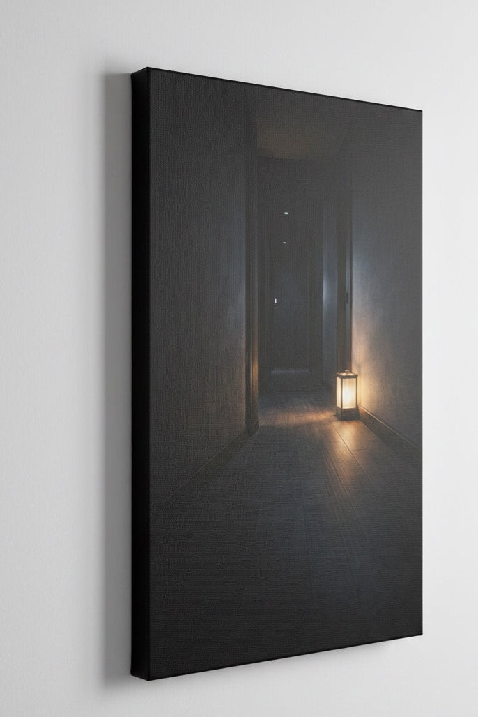 Vue de profil toile couloir nuit sur châssis impression haute qualité style minimaliste contemporain
