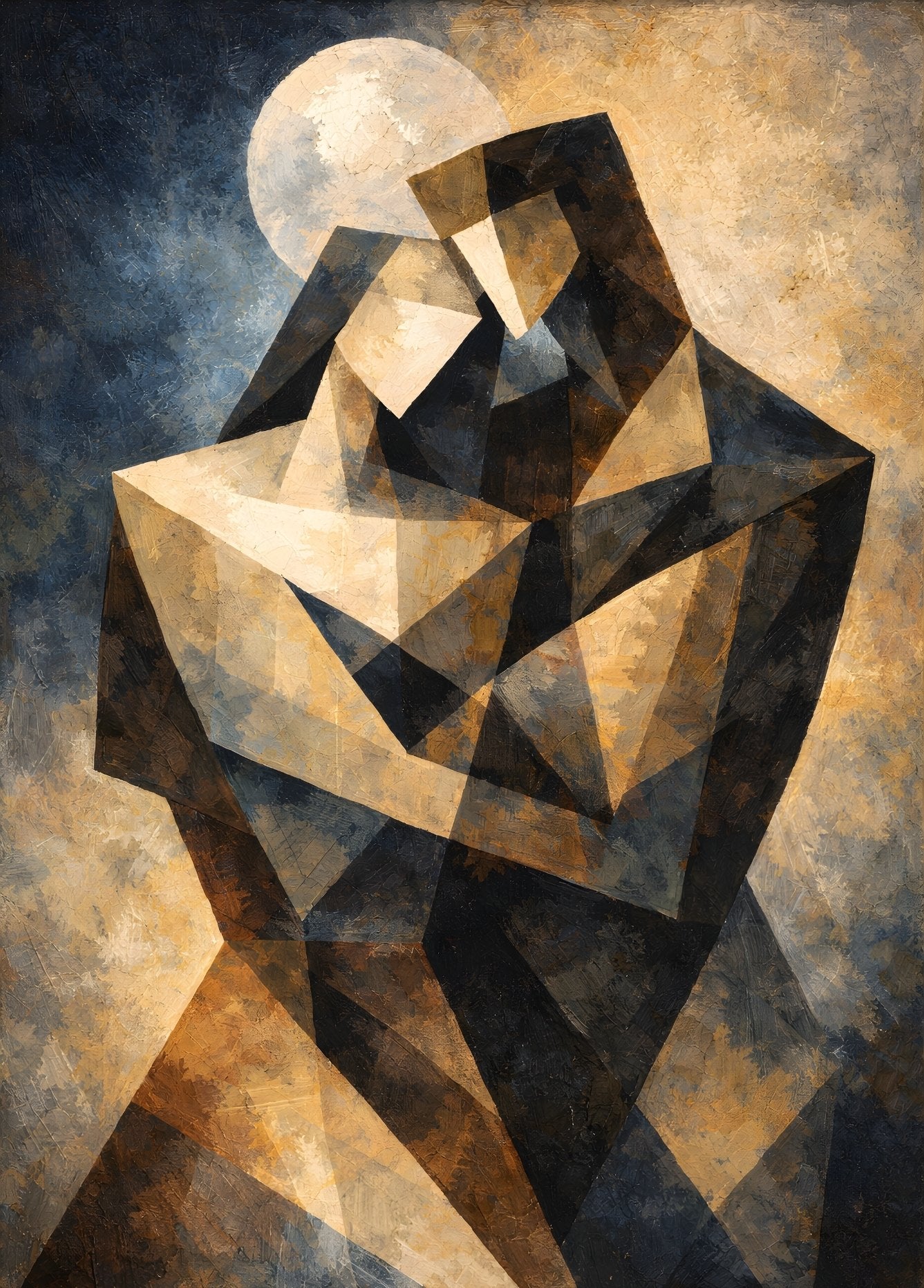 Tableau couple cubiste géométrique style figuration contemporaine avec formes angulaires
