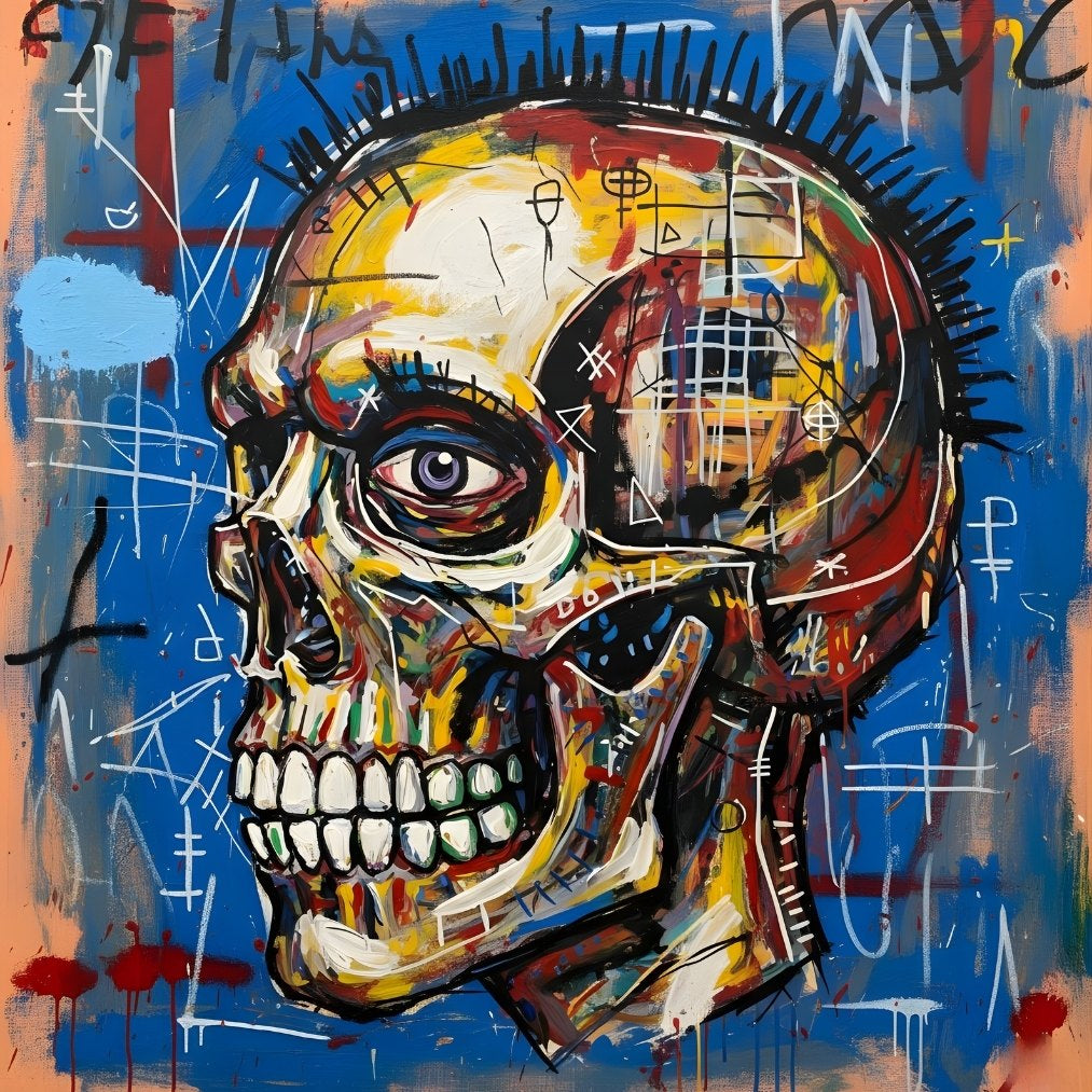 Crâne humain graffiti abstrait couleurs bleu rouge jaune art urbain contemporain
