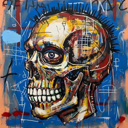 Crâne humain graffiti abstrait couleurs bleu rouge jaune art urbain contemporain
